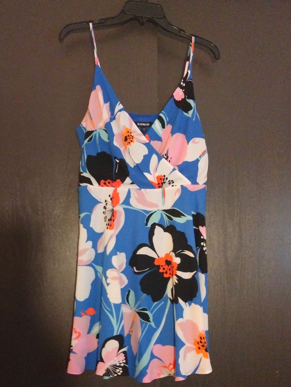 Express Blue Floral Mini Dress with Pink, White & Black Accents